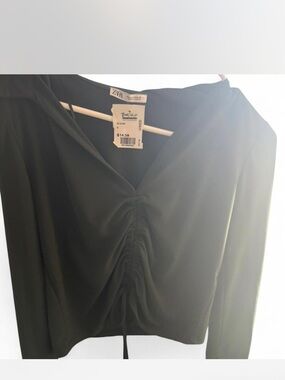 Zara Olive Green Cinched Front V-Neck Top